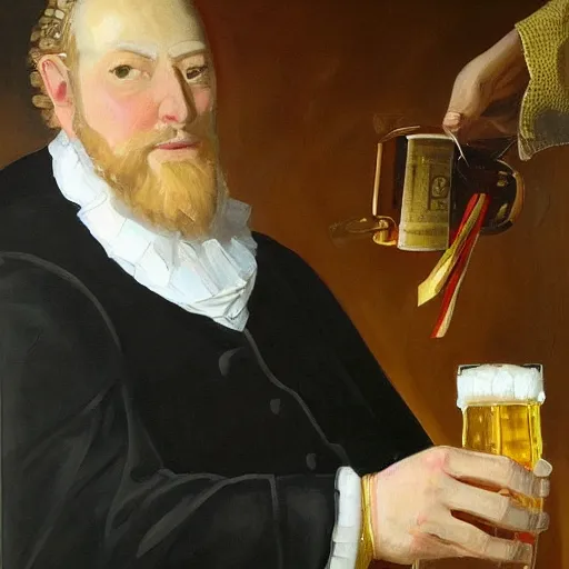 Prompt: A detailed oil painting of a majestic emperor toasting with a large beer mug by John Parrot and Robert Lefevre