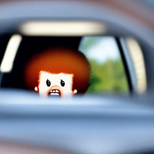 Image similar to a tiny screaming angry bob ross running your in rear view mirror, photograph