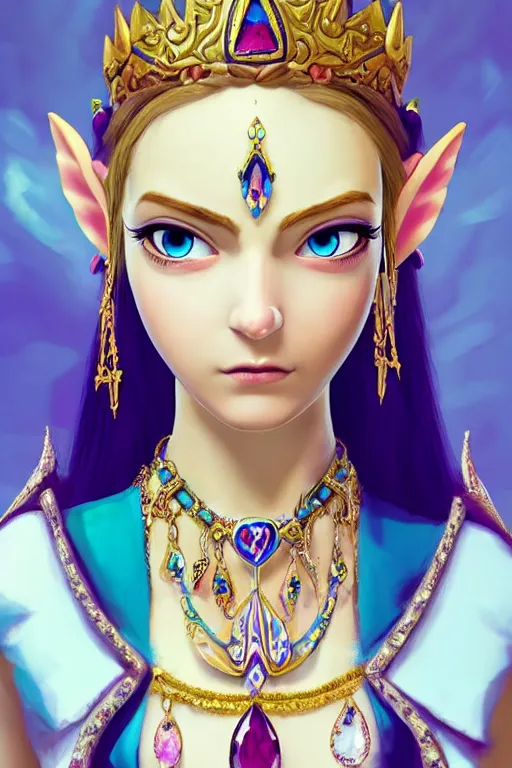 Prompt: beautiful very detailed portrait of a zelda princess with lots of jewelry in the face, full body, in the background there is a minimalistic palace, digital art , dramatic cinematic lighting rendered by octane, 8k, detailed, intricate, clean and textures, trending on artstation, treanding on deviantart, trending on cgsociety, pinterest, by Lauren Brevner + yasutomo oka