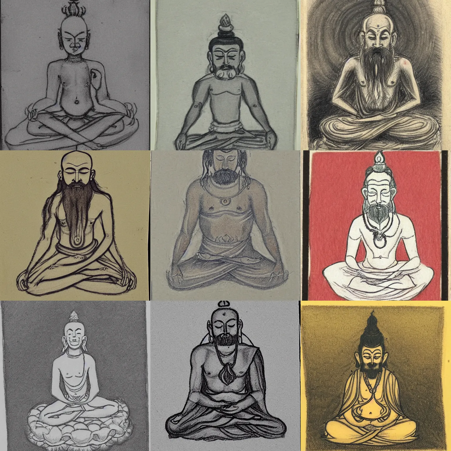 Prompt: sketch of a chibi stylized sadhu meditating, etching