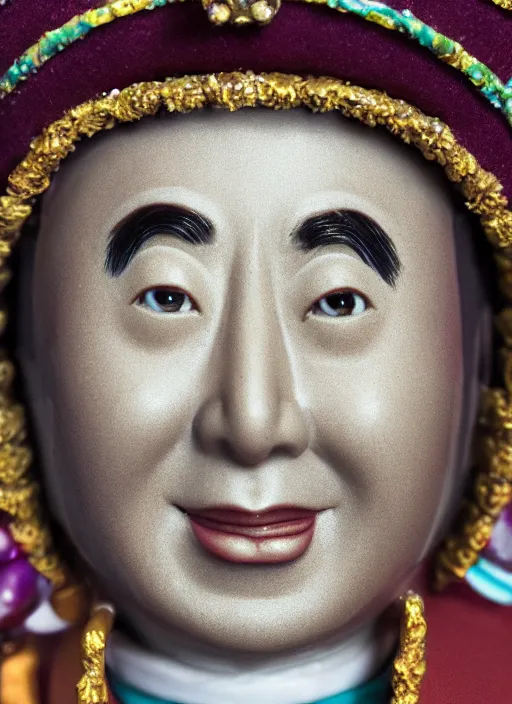 Prompt: closeup face profile portrait of tin toy dalai lama as a fairytale prince wearing a crown eating cakes, depth of field, zeiss lens, detailed, symmetrical, centered, fashion photoshoot, by nicoletta ceccoli, mark ryden, lostfish, breathtaking, 8 k resolution, extremely detailed, beautiful, establishing shot, artistic, hyperrealistic, octane render