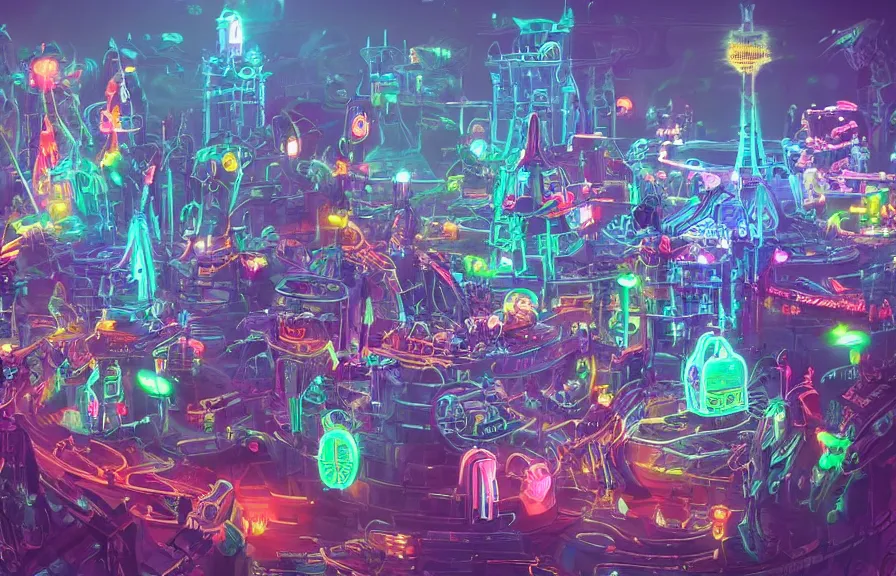 Image similar to a futuristic neon castle, crowded, plastic, nature, robots, digital art.