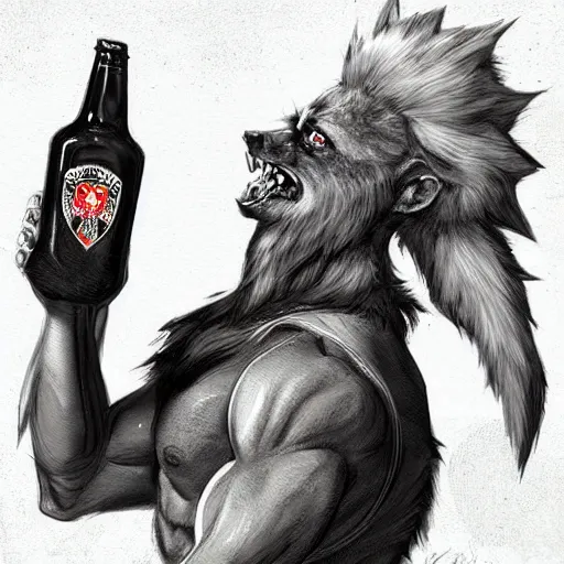 Image similar to a humanoid german shepherd beast - man in military style, holding a bottle of beer, artstation, concept art, smooth, sharp foccus ilustration, artstation