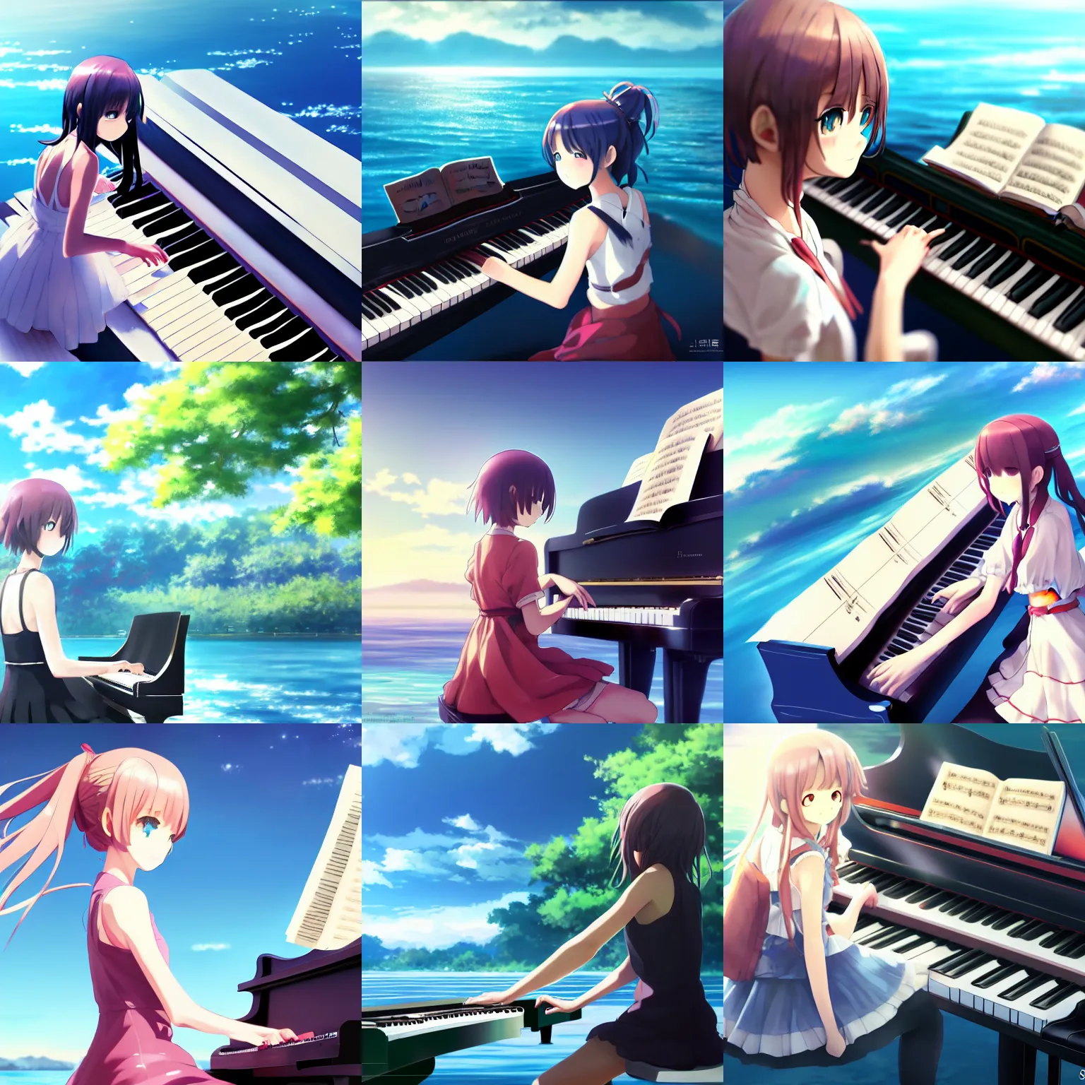 Prompt: Anime girl playing piano on blue water, long!! distance camera, wide angle, landscape, Cushart Krenz, Shinkai Makoto, lots of details, extremely detailed, 4k