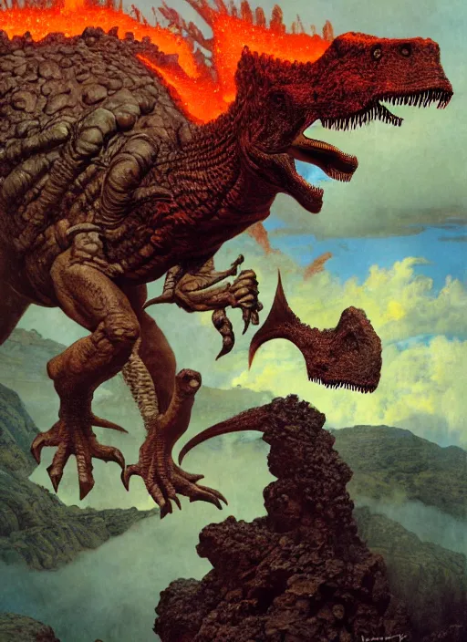 Prompt: dinosaur lava volcano, dynamic action, by lawrence alma - tadema and zdzislaw beksinski and norman rockwell and jack kirby and tom lovell and greg staples, artstation creature art