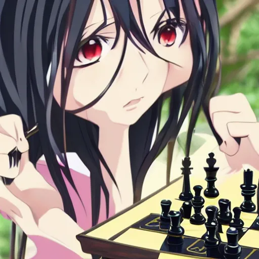 Prompt: anime portrait of long black hair anime girl pondering next to a chess set, cute, official art