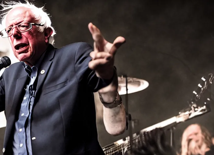 Image similar to publicity photo still of bernie sanders in a death metal band playing live on stage, 8 k, live concert lighting, mid shot