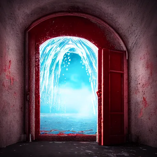 Prompt: a red door at the bottom of the ocean, ominous, deep, ethereal, dark, bubbles, marine life, details visible, octane render, in studio Ghibli style