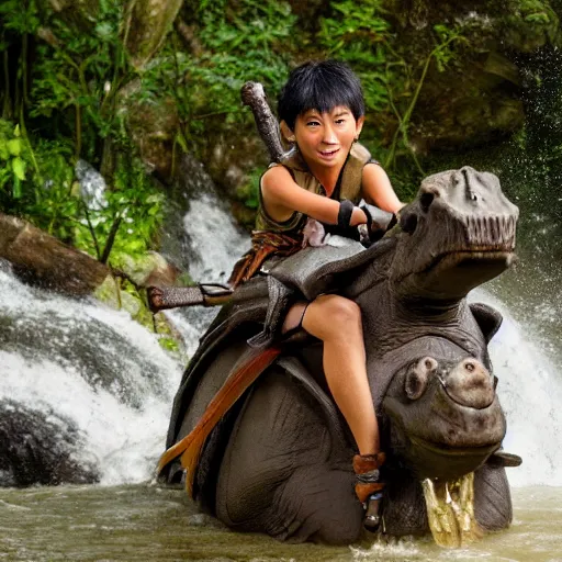 Image similar to a hd photo of skinny tan 1 0 year old half - asian boy with dark anime hair riding an armored hippo down a waterfall with a large sword in one hand and a shield in the other hand, photorealistic, high definition face, scowl on face