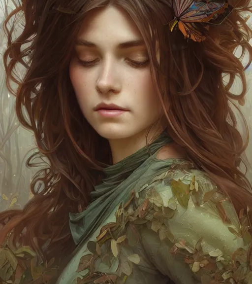 Prompt: beautiful cottagecore woman with brown hair, intricate, magical forest, stunning, highly detailed, digital painting, artstation, concept art, smooth, sharp, focus, illustration, art by artgerm and greg rutkowski and alphonse mucha