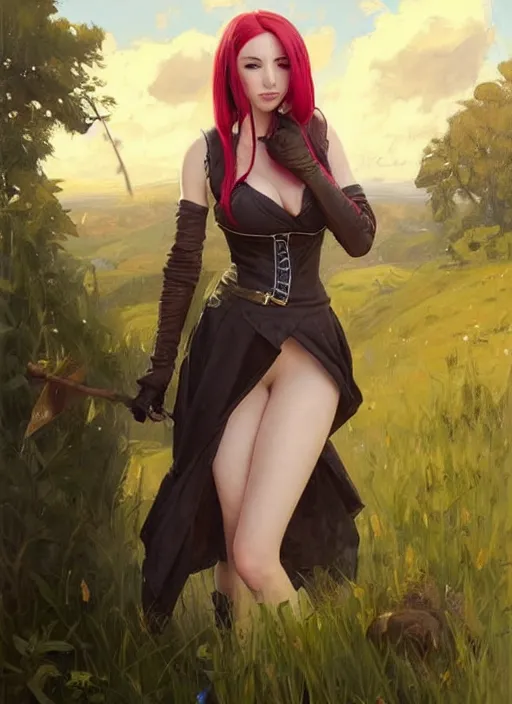 Image similar to portrait of Katarina from League of Legends in maid outfit, countryside, fantasy character portrait, dynamic pose, above view, view from above, sunny day, thunder clouds in the sky, artwork by Jeremy Lipkin and Giuseppe Dangelico Pino and Michael Garmash and Rob Rey, very coherent symmetrical artwork, perfect face, simple form, 100mm