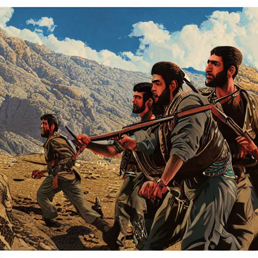 Image similar to kurdish freedom fighters in the mountains art by martin ansin, highly detailed, 8 k, high resolution, award winning art, incredibly intricate