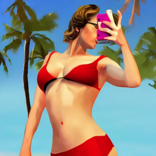 Image similar to vanessa kirby as hattie in gta v wearing a red bikini taking a selfie, cover art by stephen bliss, artstation, no text