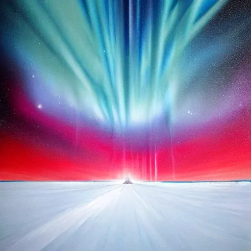 Image similar to the epic shock art painting'blue arctic void with black and red aurora borealis ', stunning masterpiece, trending on artstation