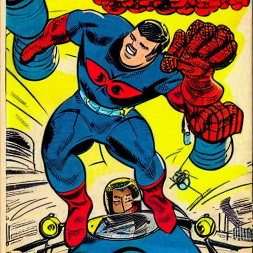 Image similar to jack black riding a rocket by jack kirby, marvel comic book cover