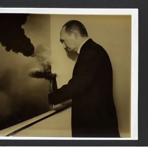 Image similar to Vladimir putin looking at an atomic bomb. polaroid. bleak.