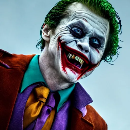 Image similar to willem dafoe as the joker, movie poster, superrealism, quality, post - production, image depth, focus, fine details, skin pores, makeup, 8 k