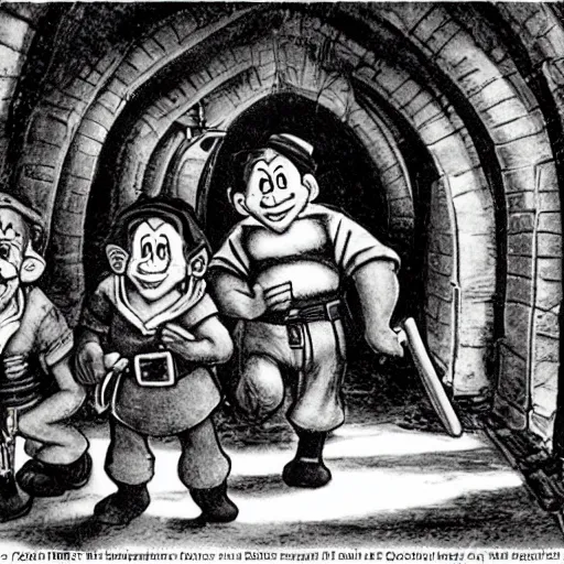 Image similar to photograph of the 7 dwarves exploring a dungeon, captioned