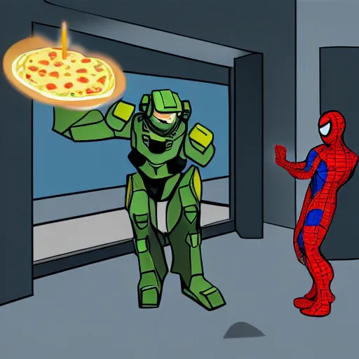 Prompt: Master Chief from Halo getting a pizza from Spiderman at an old apartment, digital art