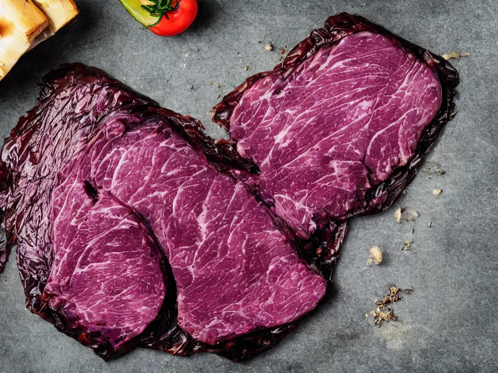 Image similar to shiny purple slab of meat being eaten by flies, nightmare, horror,