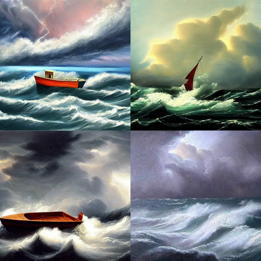 Prompt: small boat in an epic storm. Painting by God himself