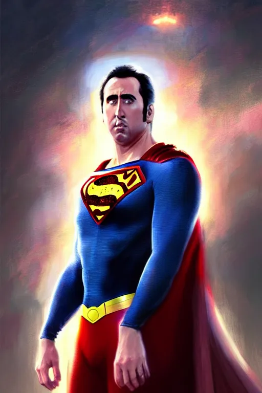 Image similar to portrait of nicolas cage as superman looking away from the camera, intricate, extremely detailed digital painting by greg rutkowski, artstation