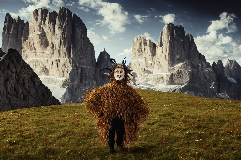 Prompt: portrait of a tyrolean folklore mask, wearing hay coat, with horns, eerie, flowers growing out of his body, dolomites in the background, detailed intricate insanely detailed octane render, 8k artistic 1920s photography, photorealistic, chiaroscuro, by David Cronenberg, Raphael, Caravaggio