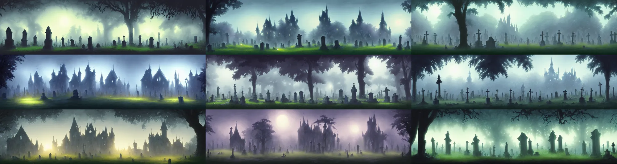 Prompt: a wholesome animation key shot of a foggy cute backlighting destroyed graveyard with castle panorama floor, studio ghibli, pixar and disney animation, sharp, rendered in gouache painting, anime gouache key art by greg rutkowski, bloom, dramatic, dynamic lighting