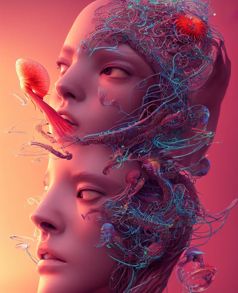 Image similar to goddess close-up portrait. colibri orchid jellyfish phoenix head, nautilus, skull, betta fish, bioluminiscent creatures, intricate artwork by Tooth Wu and wlop and beeple. octane render, trending on artstation, greg rutkowski very coherent symmetrical artwork. cinematic, hyper realism, high detail, octane render, 8k