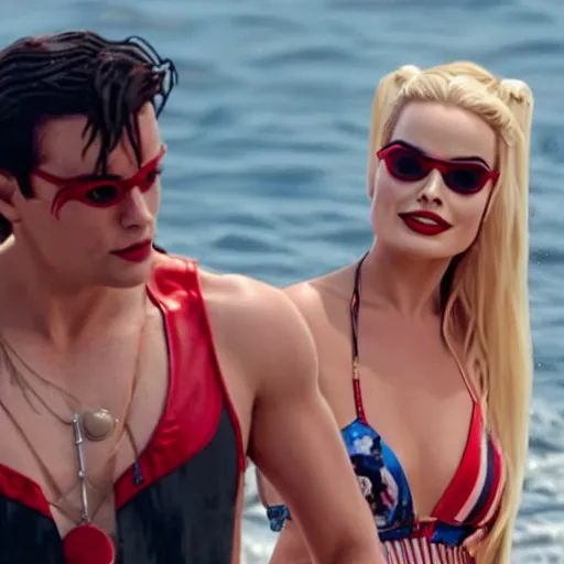 Prompt: margot robbie harley quinn at the beach 4 k detailed super realistic