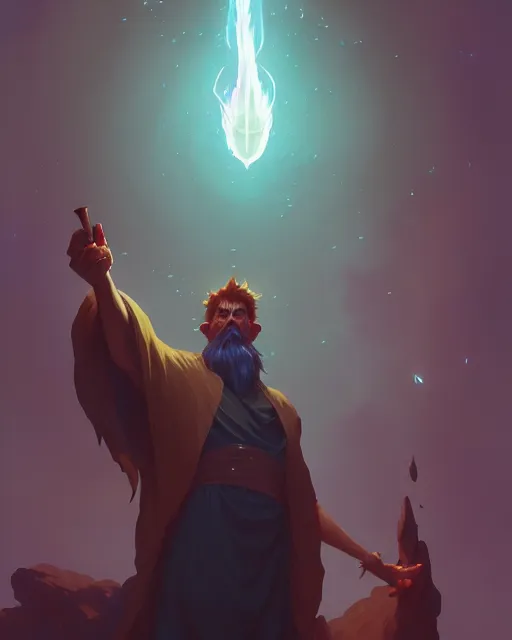 Image similar to highly detailed vfx portrait of an old mage casting a light spell, unreal engine, greg rutkowski, loish, rhads, beeple, makoto shinkai and lois van baarle, ilya kuvshinov, rossdraws, tom bagshaw, alphonse mucha, global illumination, detailed and intricate environment