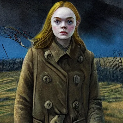 Image similar to Elle Fanning in the painted world of Metro 2033, head and shoulders masterpiece, apocalypse, golden hour, cosmic horror, artstation, in the style of Andrew Wyeth and Edward Hopper and Bosch, extremely detailed