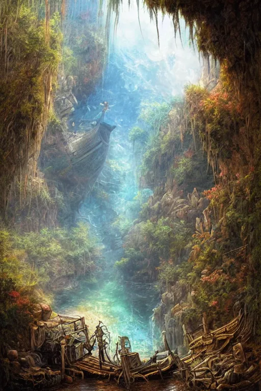 Image similar to a pirateship wreck in a crystal gorge, river running thru the middle, by tomasz alen kopera and Justin Gerard.