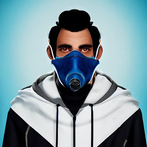 Image similar to a highly detailed, portrait of a man with black hair with a black medical mask, in a hood in the form of a blue shark with white teeth, artstation, DeviantArt, professional, octane render, digital art