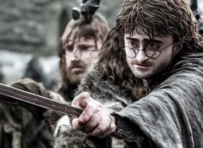 Image similar to daniel radcliffe as gelthinors in game of thrones, holding out a wand, live action film, cinematic photo, clear hd image