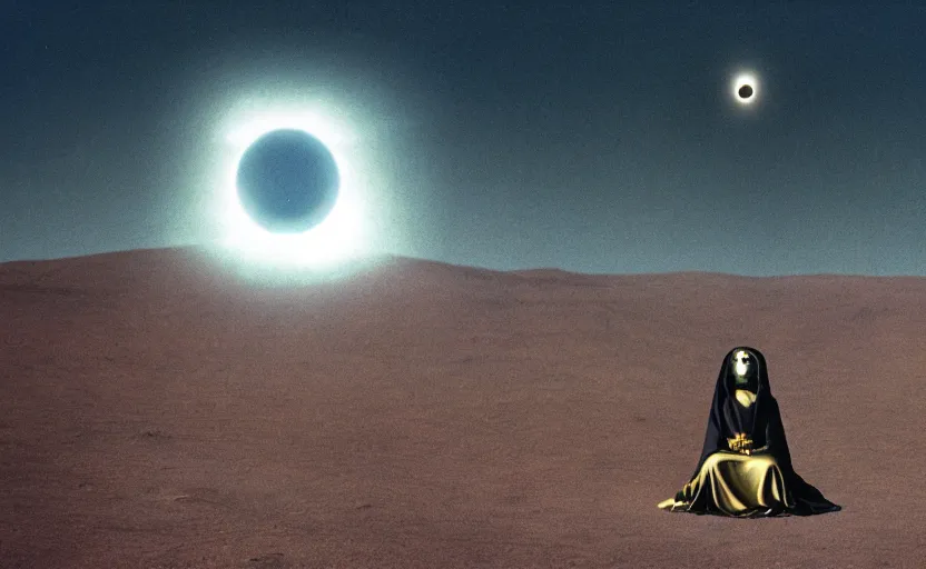 Prompt: levitating bene gesserit with white flowers and golden mask inside a thick black smoke in rocky desert landscape, solar eclipse in the sky, burning earth by gaspar noe and christopher doyle, anamorphic lens, anamorphic lens flares, kodakchrome, cinematic composition, practical effects, award winning photo, 8 k