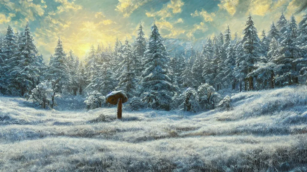 Image similar to a highly detailed, realistic oil painting of Hyrule Field in Winter, snow, intricate, 8k highly professionally detailed, HDR