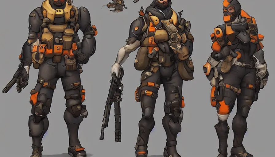 Image similar to Concept art for new Overwatch character: The Saboteur, French Special Ops, Short, Nimble, Sly, Silenced Five-Seven Main Weapon, Uses Explosives, Planted Charge, C4 Explosive, Roguish, and Hand Grenades, Dark Humor, Male, Rugged, Dagger, High-tech, Fast, Black and Orange