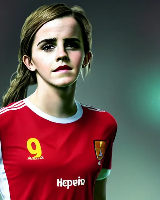 Image similar to a portrait of emma watson as a lokomotiv football player, hyper realistic