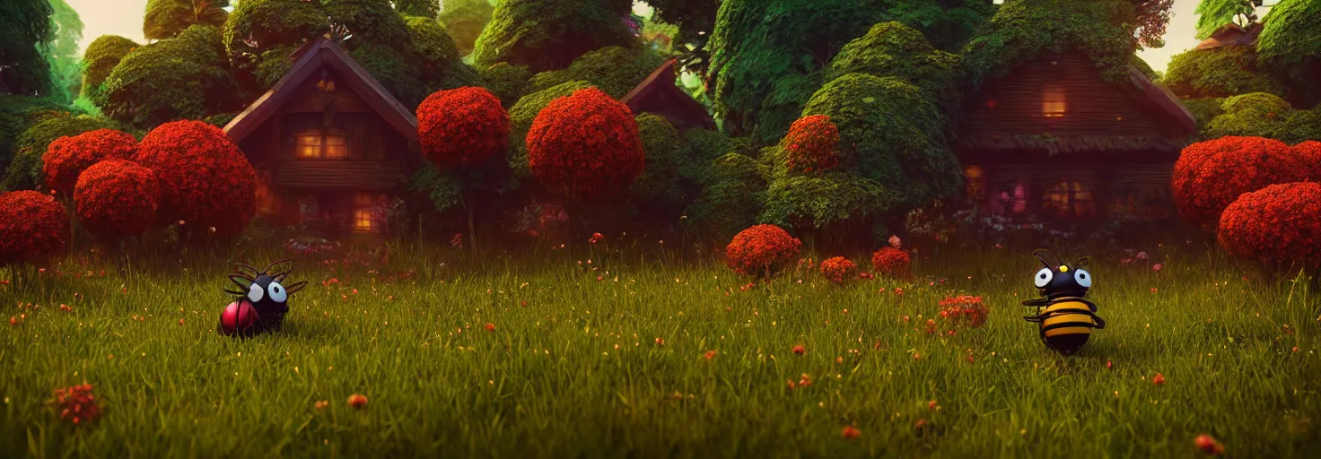 Prompt: stunning glowing dominant large highlighted crimson - black beehive, large cute bee, in a beautiful forest meadow village landscape, flowers, happy trees, photorealistic, octane render, rtx, hdr, unreal engine, digital art widescreen 8 k, studio ghibli, disney, wlop