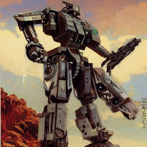 Image similar to ruger revolver redhawk 3 5 7 revolver mobile combat suit firearm rococo robot, smith wesson 6 8 6 mecha android, detailed illustration, concept art, smooth, sharp focus, by gaston bussiere, katsuya terada, nc wyeth, bandai macross box art, canon eos