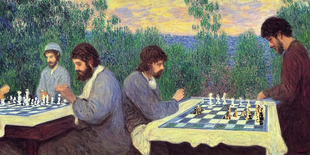 Image similar to jesus and magnus carlsen playing chess in heaven by monet