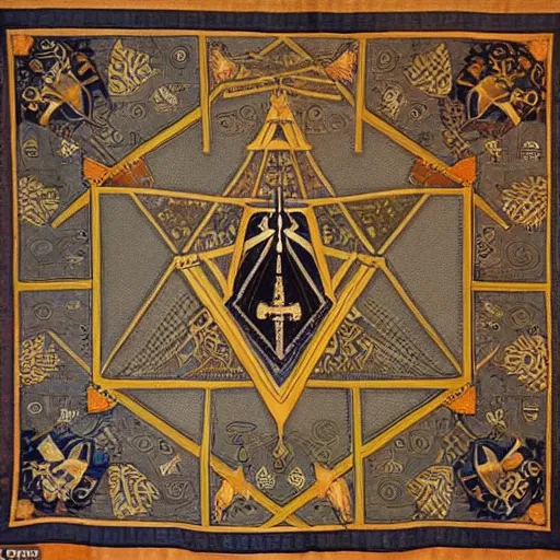 Image similar to a masonic carpet showing the symbols of the master mason, hanging in a masonic lodge