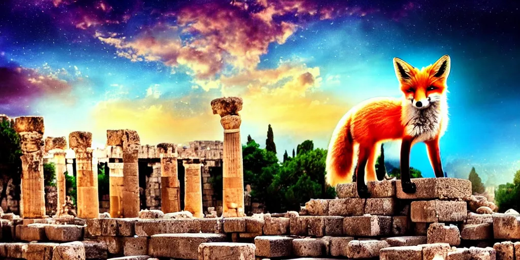 Image similar to a beautiful small fox in the huge ruins of the second temple in jerusalem, dreamy sky, the third temple hovers quietly hiding in the sky above, very colorful painting 8 k trending on art station, intricate superb details, digital art, very very very realistic, cinematic lighting, volumetric lighting, photographic, blur bokeh defocus dof sky by afremov.