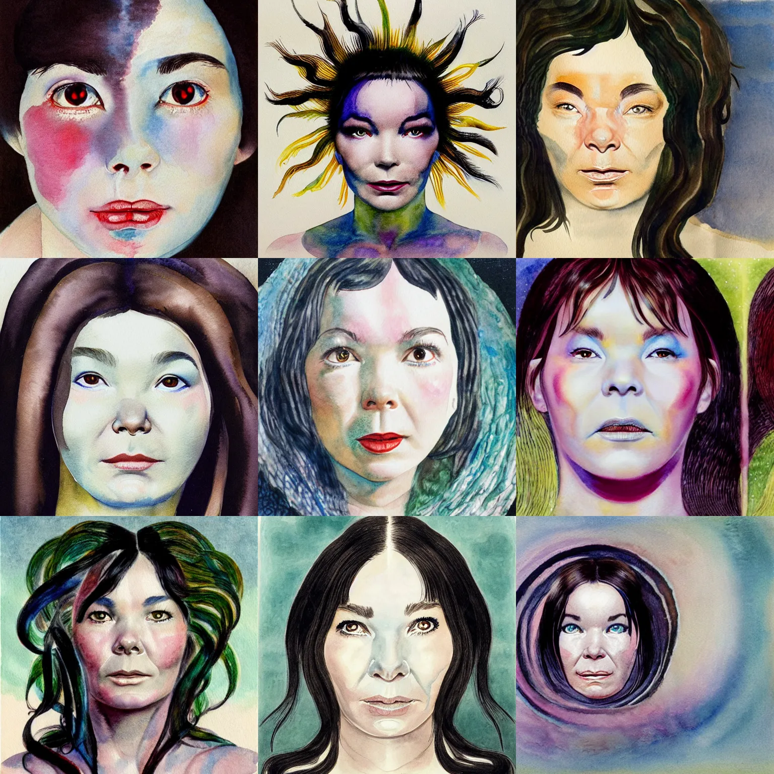 Prompt: photorealistic portrait of bjork's face, painted in watercolor by william blake, bjork is the antichrist and the harbinger of the apocalypse, 1 8 2 6.