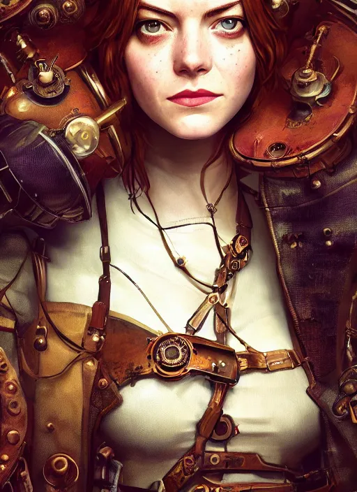 Prompt: steampunk portrait of emma stone as emma watson, hyper detailed, digital art, cinematic lighting, studio quality, smooth render, unreal engine 5, octane rendered, art style by klimt and nixeu and ian sprigger and wlop and krenz cushart.