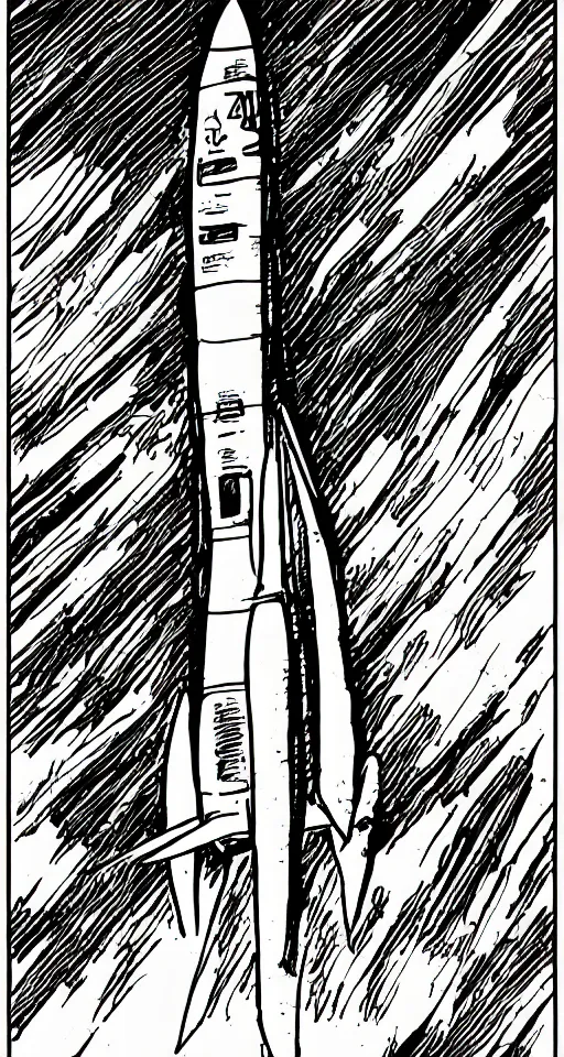 Prompt: a rocket, but from the mind of a kid. the pointed top, followed by a long body with curves on either side, following the braces that hold the rocket. illustration, graphic novel, sharp focus