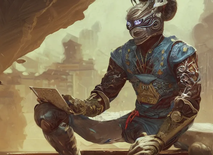 Image similar to an insanely detailed painting of an asian man wearing a homemade superhero costume, sitting at a desk, staring seriously at the computer and typing, in the style of peter mohrbacher, james jean, ruan jia, dramatic lighting and composition, surreal background, octane render, pixar, trending on artstation, concept art, comic book, view from behind, 8 k