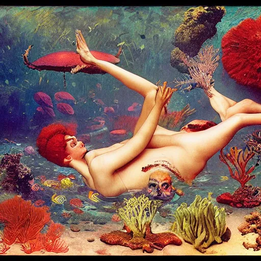 Prompt: a a beautiful underwater portrait of two lovers surrounded by smoke mushrooms and coral reefs and crystals and plants, painting part by wojciech siudmak, part by ilya repin, part by max ernst, part by norman rockwell