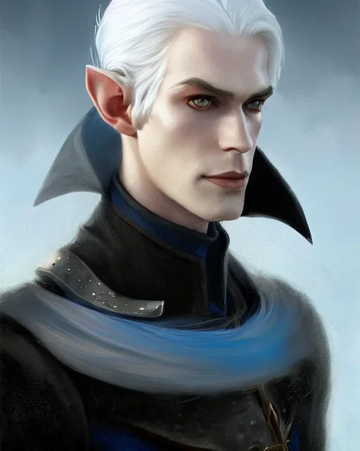 Prompt: character portrait of a slender young half white haired elven man with and piercing blue eyes and pale bluish skin, wearing sleek pearlescent black armor, by greg rutkowski and mark brookes and jim burns and tom bagshaw and magali villeneuve, trending on artstation